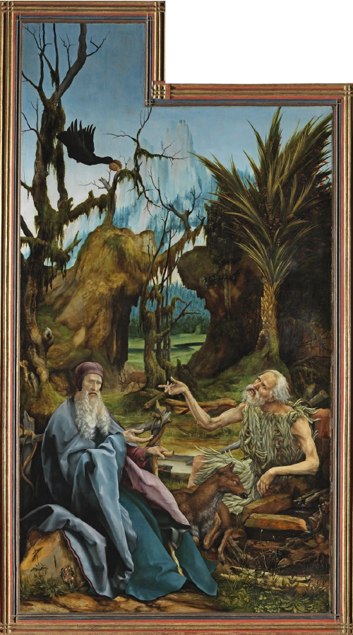 Fig. 5. Volet gauche du retable : la visite de saint Antoine à saint Paul ermite